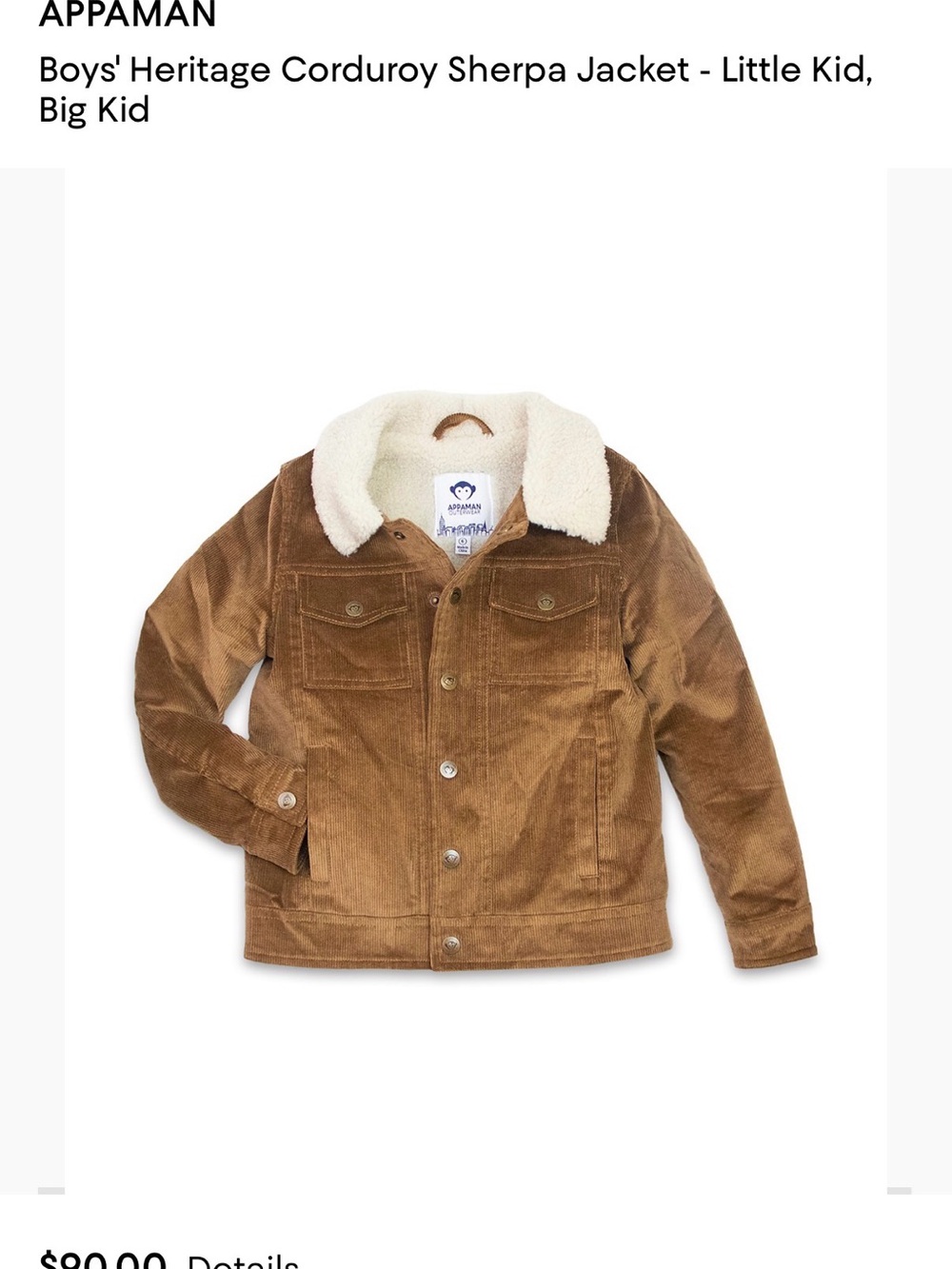 Appaman Boys' Corduroy Sherpa Jacket in Chestnut Brown